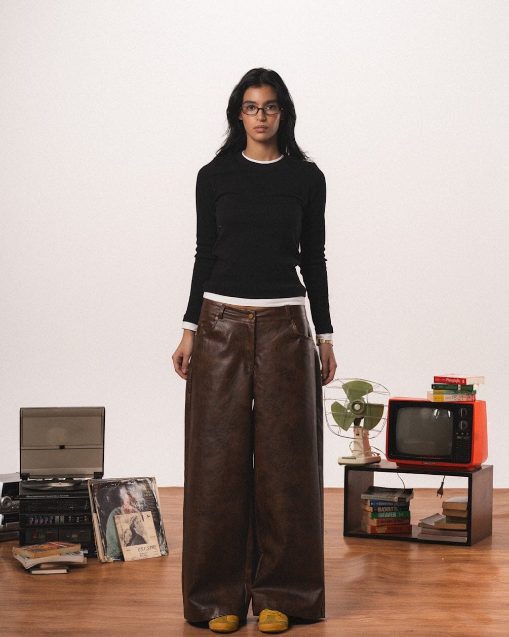 Female Brown Baggy Leather Pants
