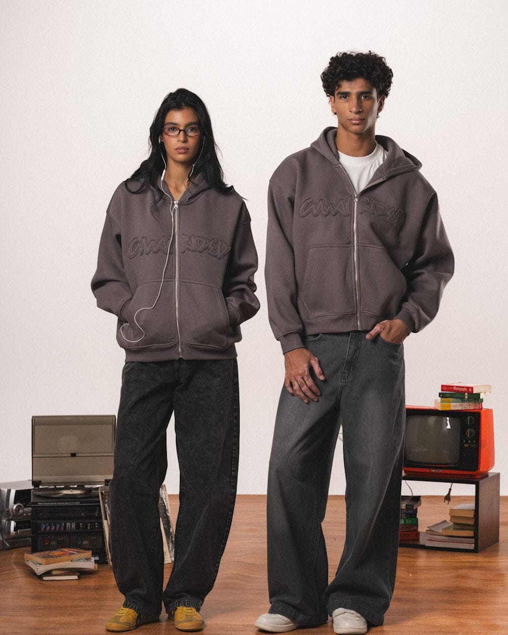 Dark Grey Guarded Boxy Zip-Up Hoodie